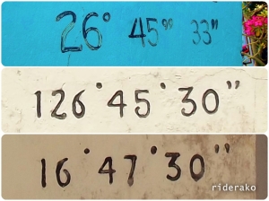 Top picture is the longitude coordinates painted on the replica. Pictures below it are from the original. Notice the consistency with the numbers 6 and 0