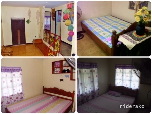 It has one bed in the living room; two bedrooms with a single bed and an electric fan in each.