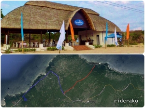 A map showing the Cape Bojeador to the tourist center (top photo) highlighted by blue line, then the additional drive using the access road (red highlight).